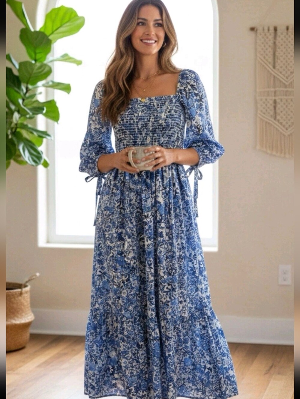Cara Cara Blue Floral Smocked Midi Dress - Size XS - Picture 7 of 9